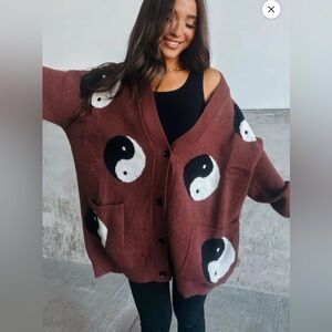 Jade by Jane Yin Yang Cardigan, Brown Peace, 1X/2X  NWOT